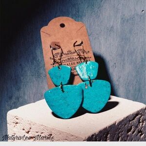 Turquoise Stone Trapzeium and Triangle Double Drop Earrings